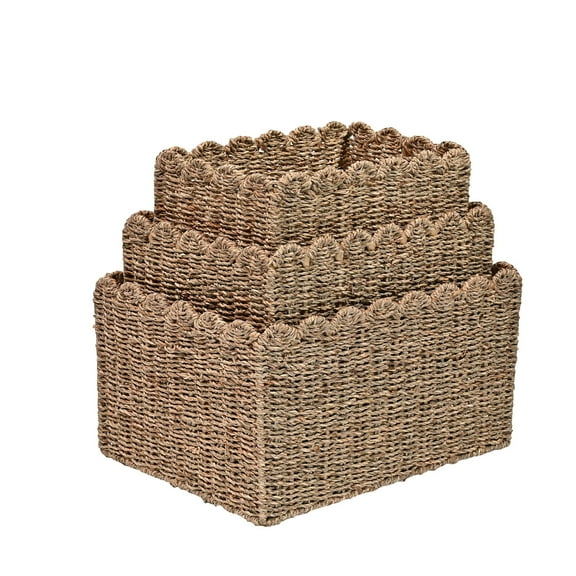 happimess Arden Coastal Cottage Seagrass Scalloped Rectangular Organizing Storage Baskets, Natural (Set of 3), BSK2013A-3SET