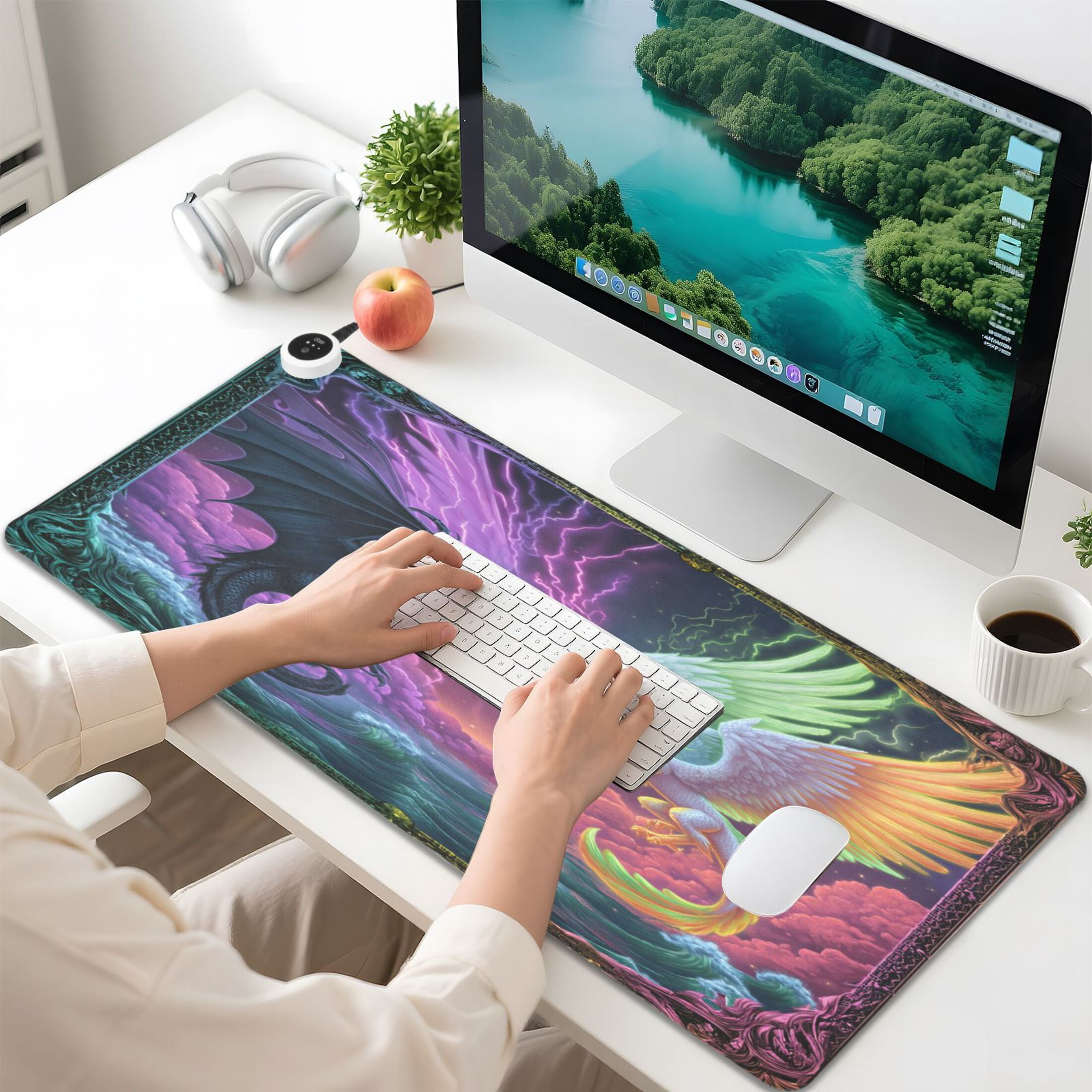 Large Heated Desk Mat Mouse Pad 31.5"x13"PU Leather Graphene Heating Desk Warmer with 3 Temperature Settings 110V US Plug Non-Slip Warm Pad for Home, Office, and Gaming Magic Dragon Game Card