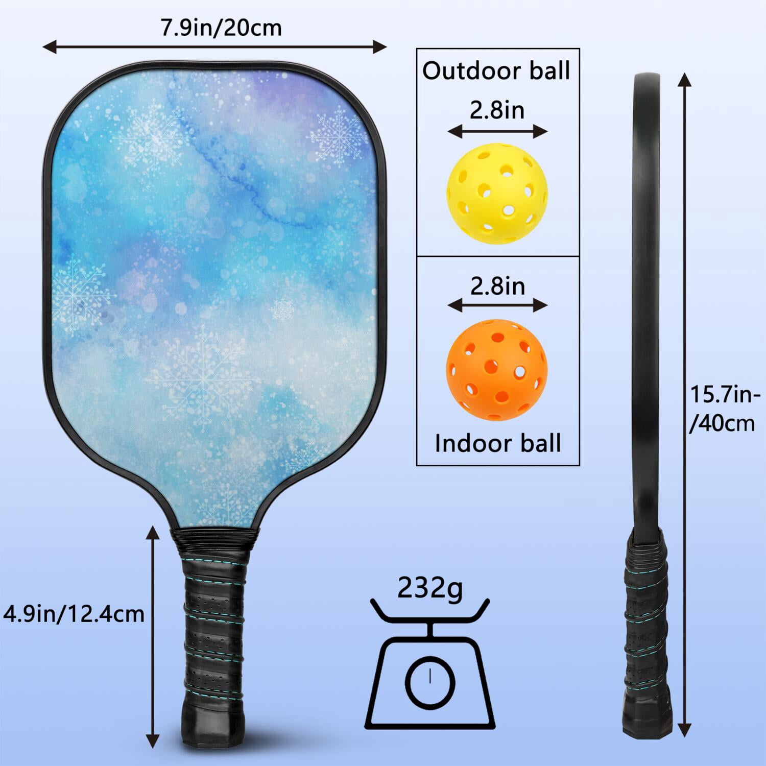 Pickleball Paddles Set Of 2, Fiberglass Surface, Ice Crystal Print, 4 Balls & Bag