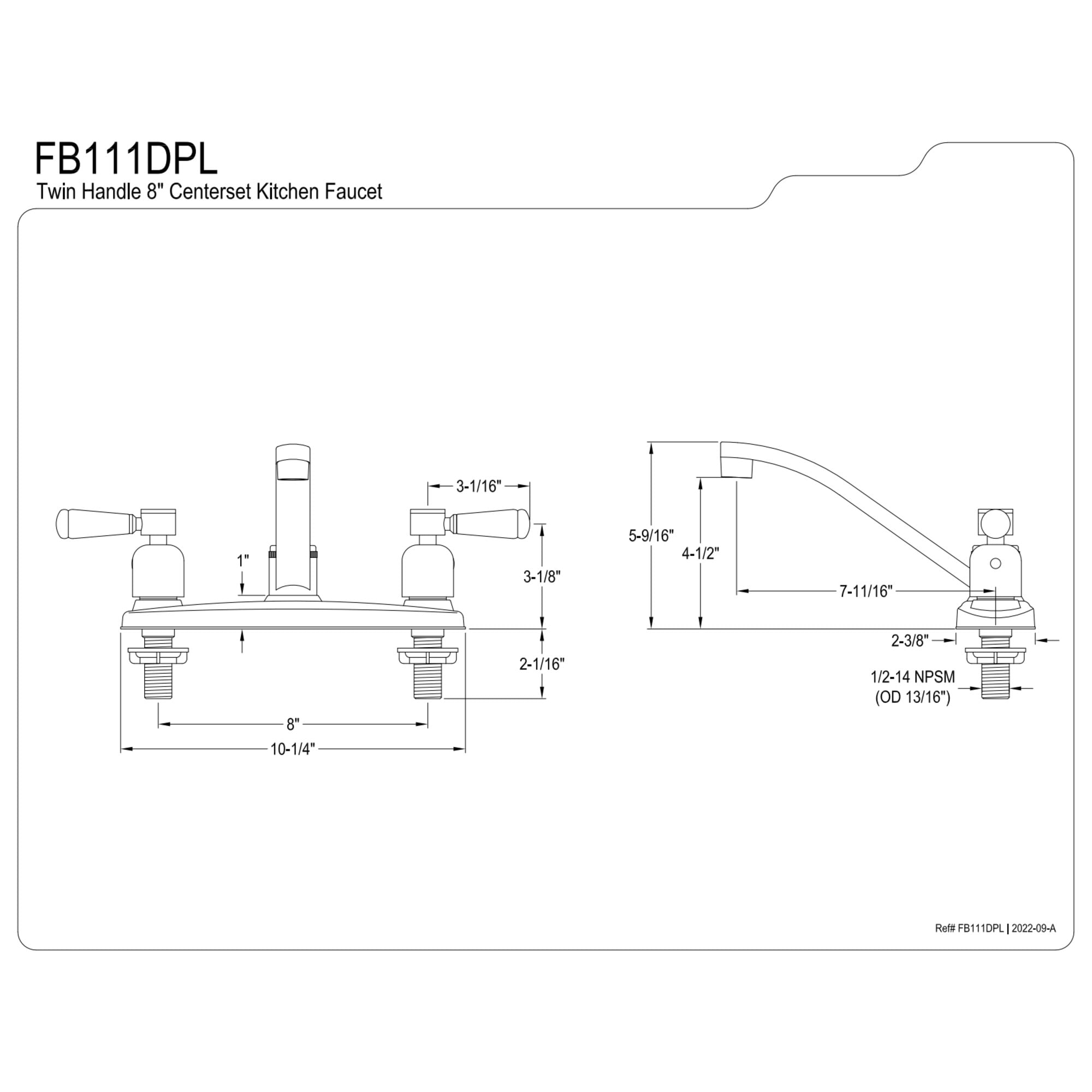 Kingston FB111DPL Paris Two-Handle 2-Hole 8" Centerset Kitchen Faucet in Polished Chrome