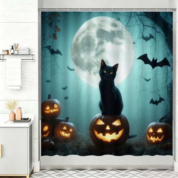 Halloween shower curtains for bathroom A black cat sitting on top of a pumpkin in front of a full moon shower curtain design 72 x 72 shower curtain retro halloween decorations