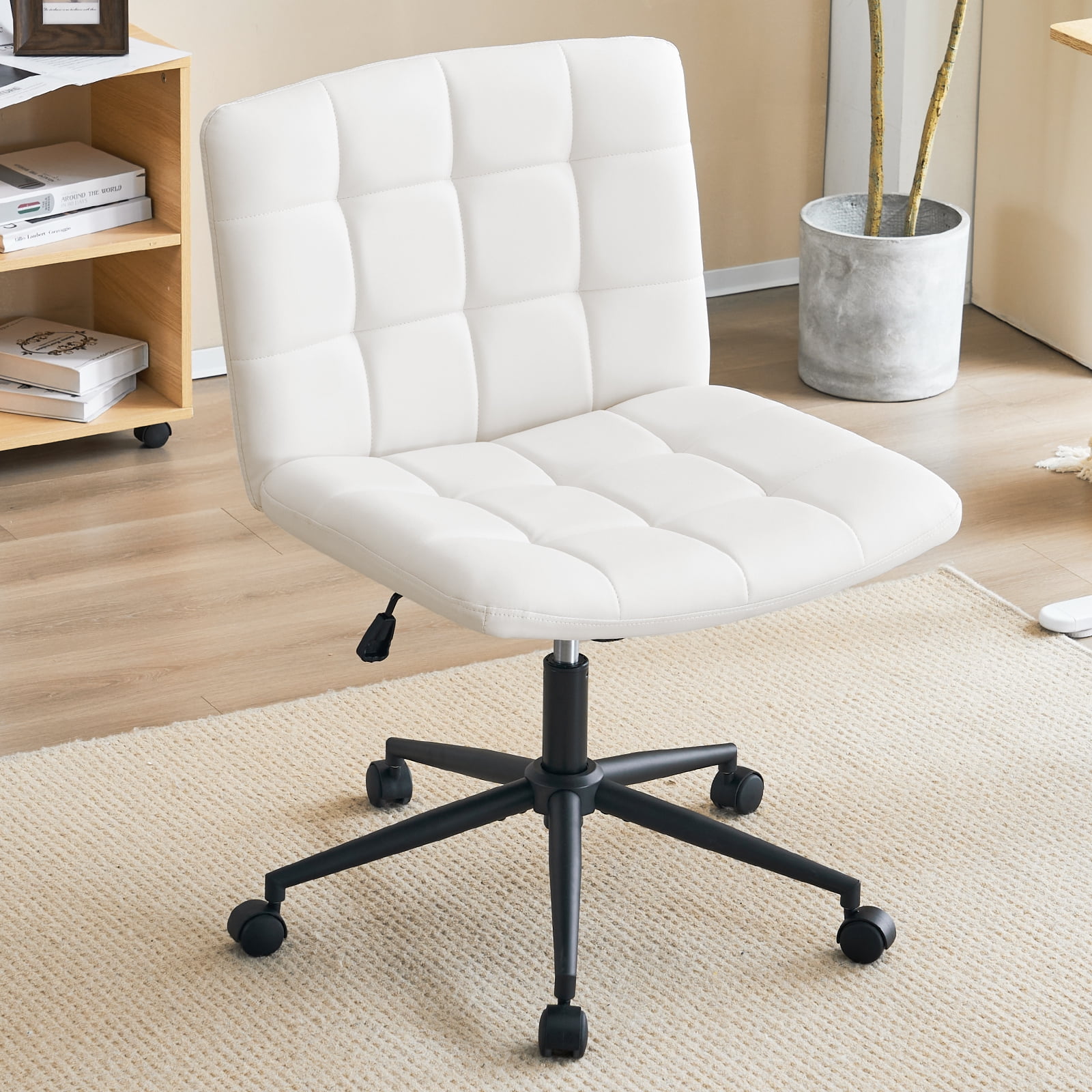 Modern Armless Home Office Chair Wide Desk Chair with Wheels Swivel Task Chair for Home Office, Bedroom. PU-Ivorywhite