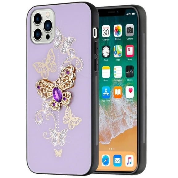 For Apple iPhone 15 Pro (6.1") Diamonds 3D Bling Sparkly Glitter Ornaments Engraving Hybrid Metal Fashion Cover ,Xpm Phone Case [ Purple Garden Butterflies ]