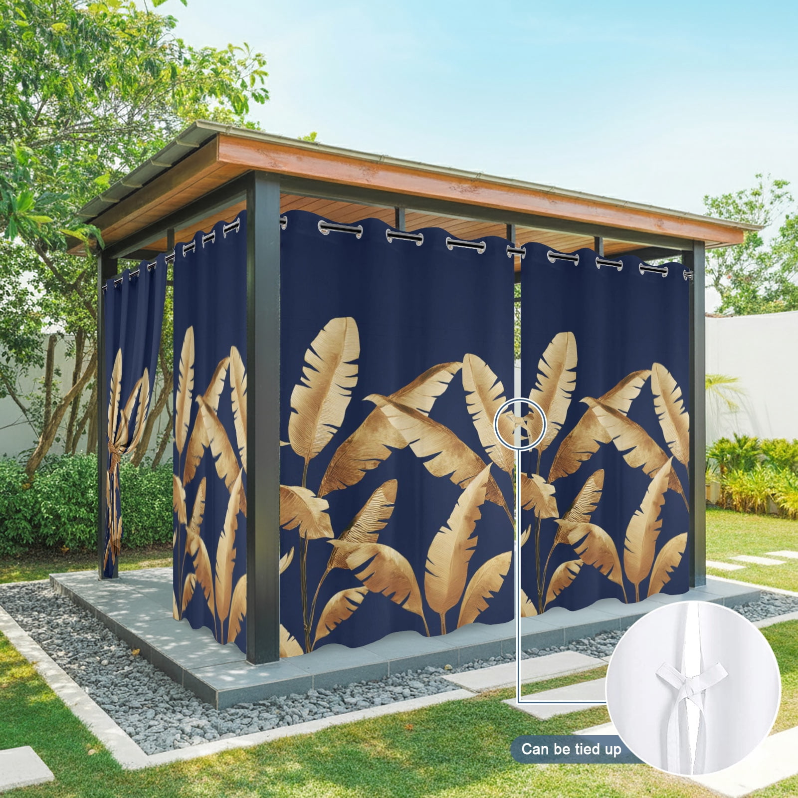 Golden Leaves Outdoor Curtains for Patio, Summer Night Sky Tropical Plants Sunshade Privacy Drapes Grommet Waterproof Outside Curtains for Porch/Cabana/Balcony 54"x 108", 1 Panel