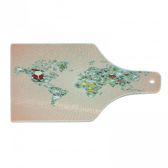Christmas Cutting Board, World Map on Radiant Background with Xmas Themed Minimal Ornaments and Santa, Decorative Tempered Glass Cutting and Serving Board, in 3 Sizes, by Ambesonne