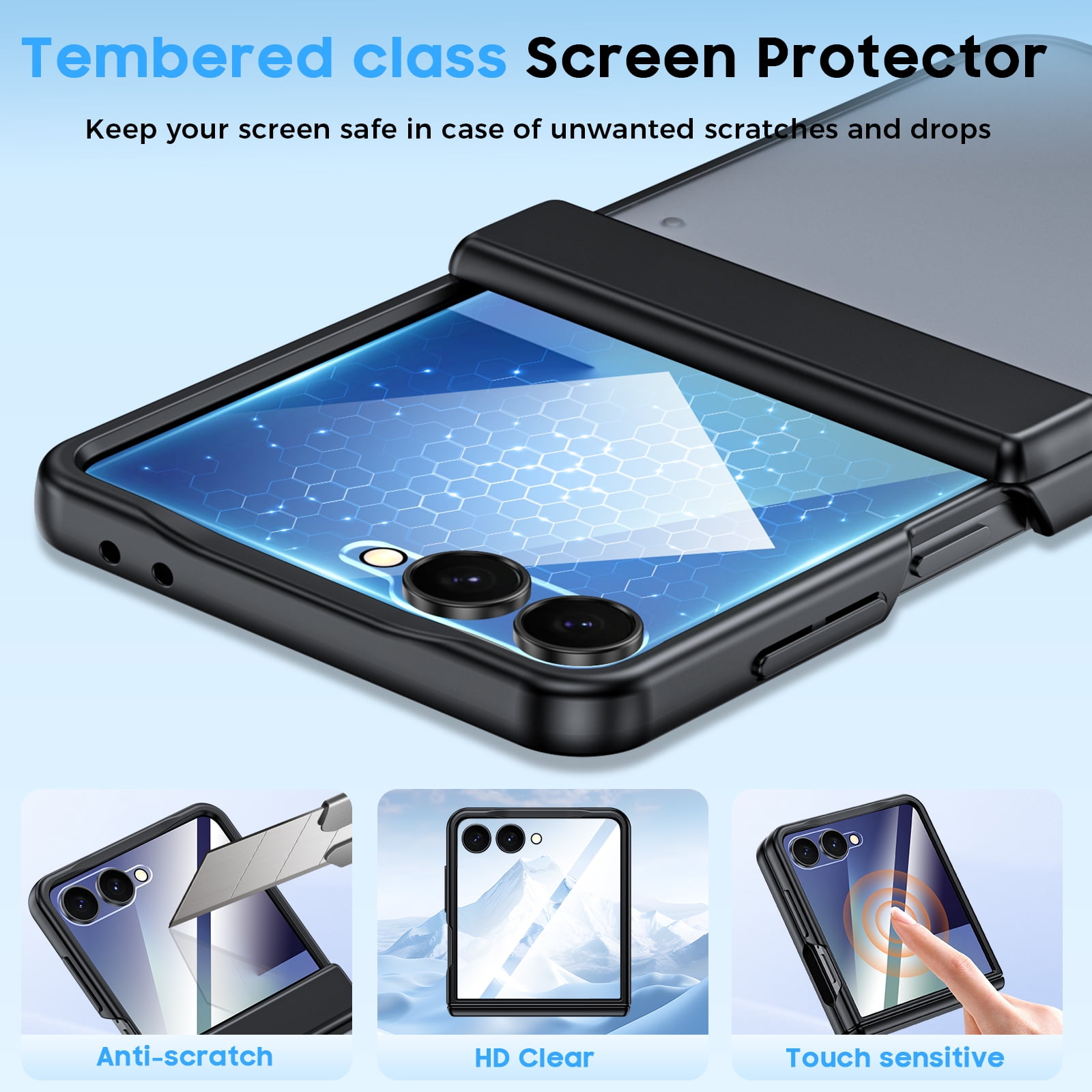 Vizvera for Samsung Galaxy Z Flip 7 Case with Hinge Protection,Screen Protector,Ultra-Thin Skin Feel Translucent Frosted, Wireless Charging,Shockproof Cover-Black