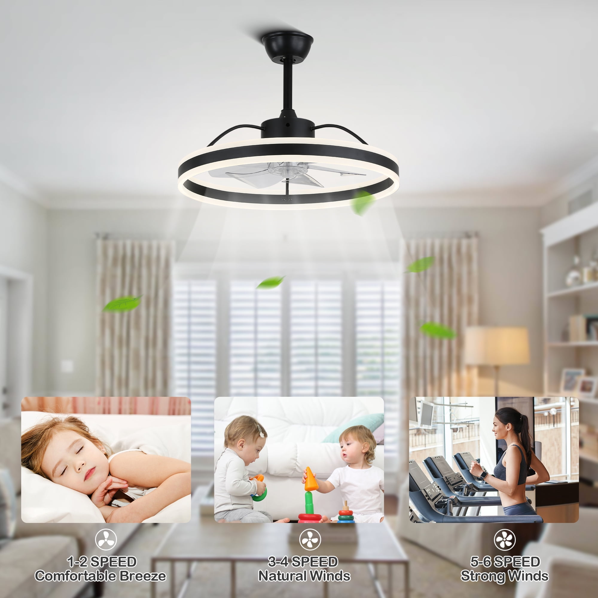 24" Modern Reversible Ceiling Fan with Dimmable Light, 6-Speed Ceiling Fan with Remote and APP Control