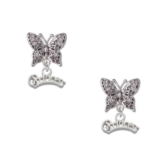 Delight Jewelry Silvertone Script ''Princess'' Silvertone Antiqued Butterfly Post Earrings
