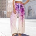 thumbnail image 6 of Hawaiian Print Palazzo Pants for Women Elastic High Waist Wide Leg Flowy Beach Trousers with Pockets Purple 2XL, 6 of 7