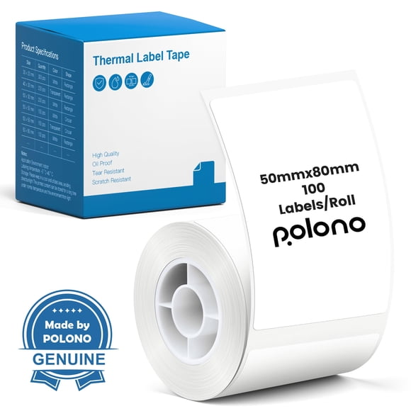 Etiquetas térmicas POLONO PM220S, 5 x 8 cm, 100 en rollo, color blanco