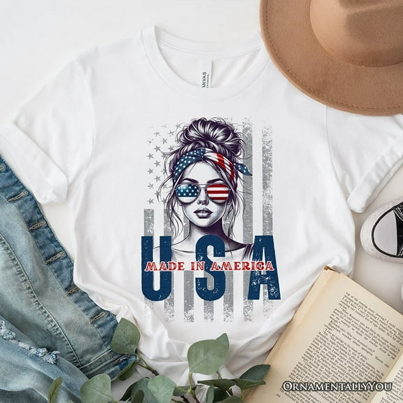 Made in America Messy Bun T-Shirt, Retro 4th of July White Patriotic Tee