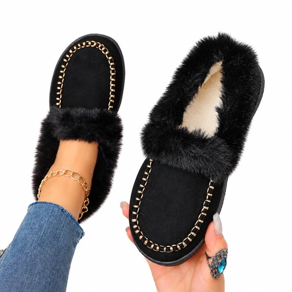 Women's Fleece Lined Slip On Winter Moccasins, Suede Fluffy Trim Flat Rubber Sole Warm Casual Cotton Shoes