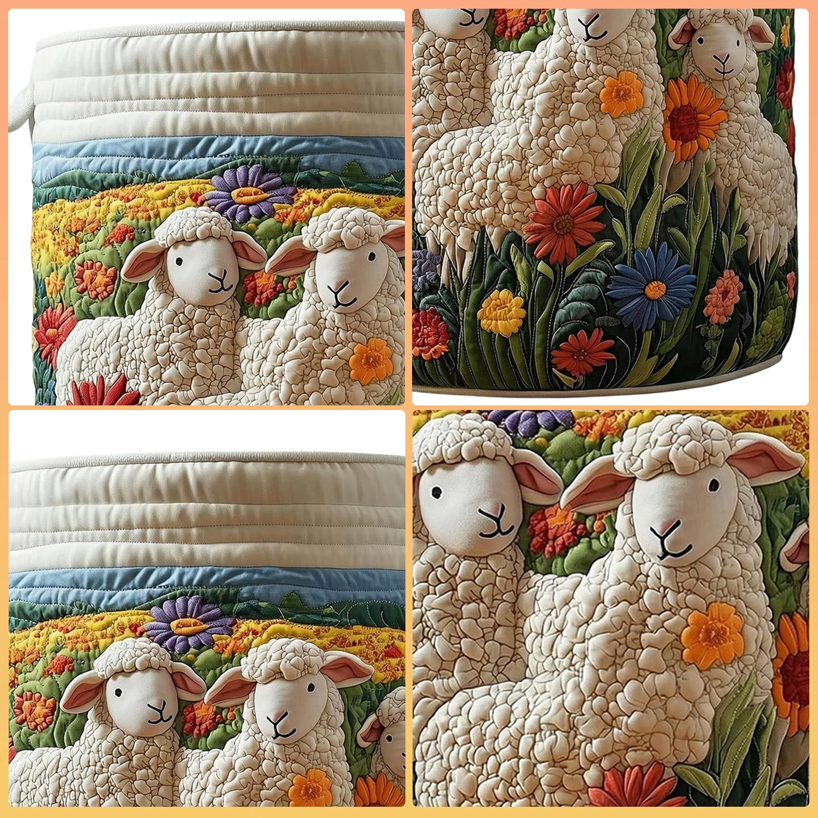 Yucurem Boho Fabric Floral Storage Hamper with Handle, Quilted Laundry Basket for Nursery Bedroom Laundry Room Clothes Toys (Little Lambs)