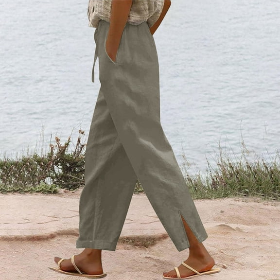 Roncen Women's Solid Color Linen-Cotton Wide Leg Pants - Loose Fit Casual Trousers with Drawstring Waist & Relaxed Comfort