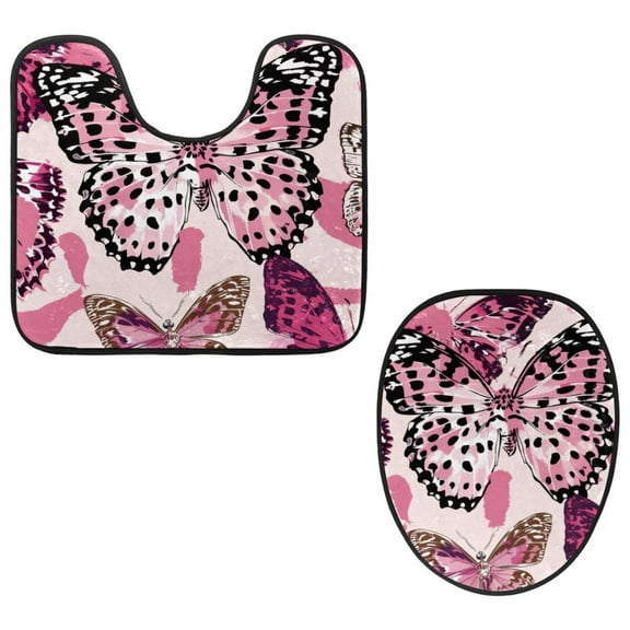 PhooArto Toilet Lid Cover and U-Shaped Toilet Floor Mat Set of 2 Pieces, Pink Butterfies Pattern Toilet Mat Set, Machine Washable Seat Covers Non-Slip Absorbent Rugs
