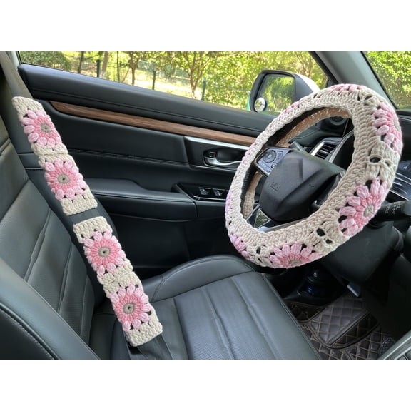Crochet Sunflower Car Steering Wheel Cover and Seatbelt Cover
