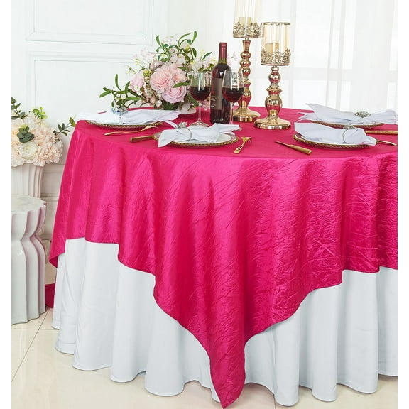 Wedding Linens Inc. 85" Square Crushed Crinkle Taffeta Table Overlay Toppers - Fuchsia