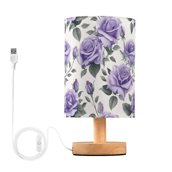 Rose Flowers Purple Bedside Table Lamp LED Warm Lights with USB Charging Port Retro Cylinder Desk Lamps