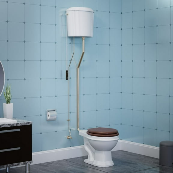 Aspen High Tank Pull Chain Toilet White Ceramic High Tank, Elongated Rear Entry Bowl and Brass PVD Pipes Antique Victorian ADA Compliant Toilet 78" Adjustable Height Renovators Supply