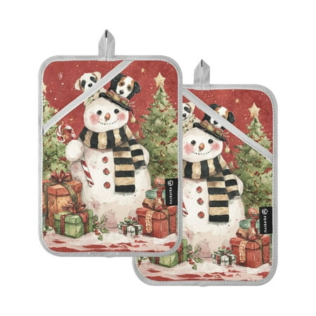 Snowman with Dogs Christmas Trees Presents Potholders Heat Resistant Pot Holder Set of 2 Oven Hot Pads with Pocket
