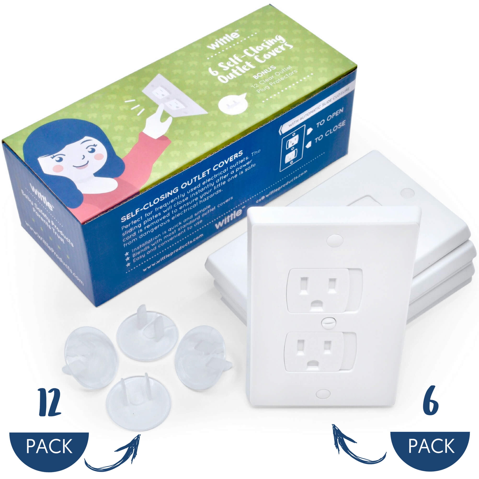 Wittle Self Closing Outlet Covers (6 White) Plus Plug Cover Outlet