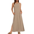 thumbnail image 3 of UVEASISHA T Shirts Maxi Dress for Women Round Neck Sleeveless Vacation Dresses Side Slit Loose Flowy Sundress Daily Wear Lounge Dresses with Pockets Beige M, 3 of 8