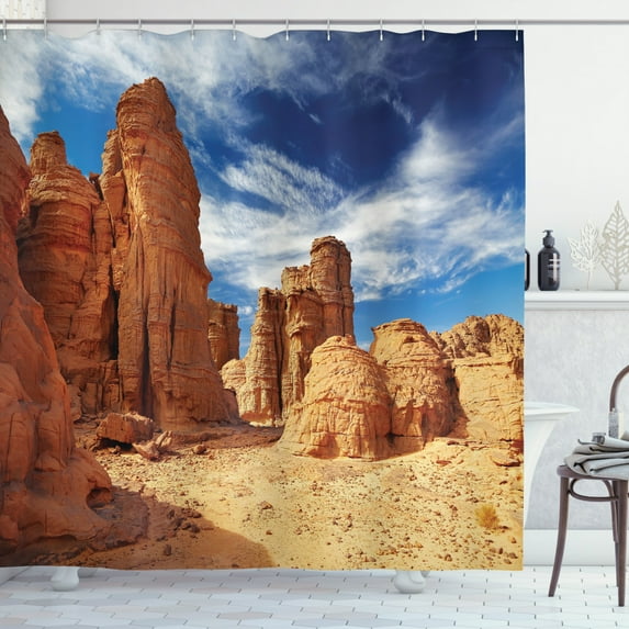 Ambesonne Desert Shower Curtain, Bizarre Sandstone Cliffs, 69"Wx84"L, Navy Blue Mustard Orange