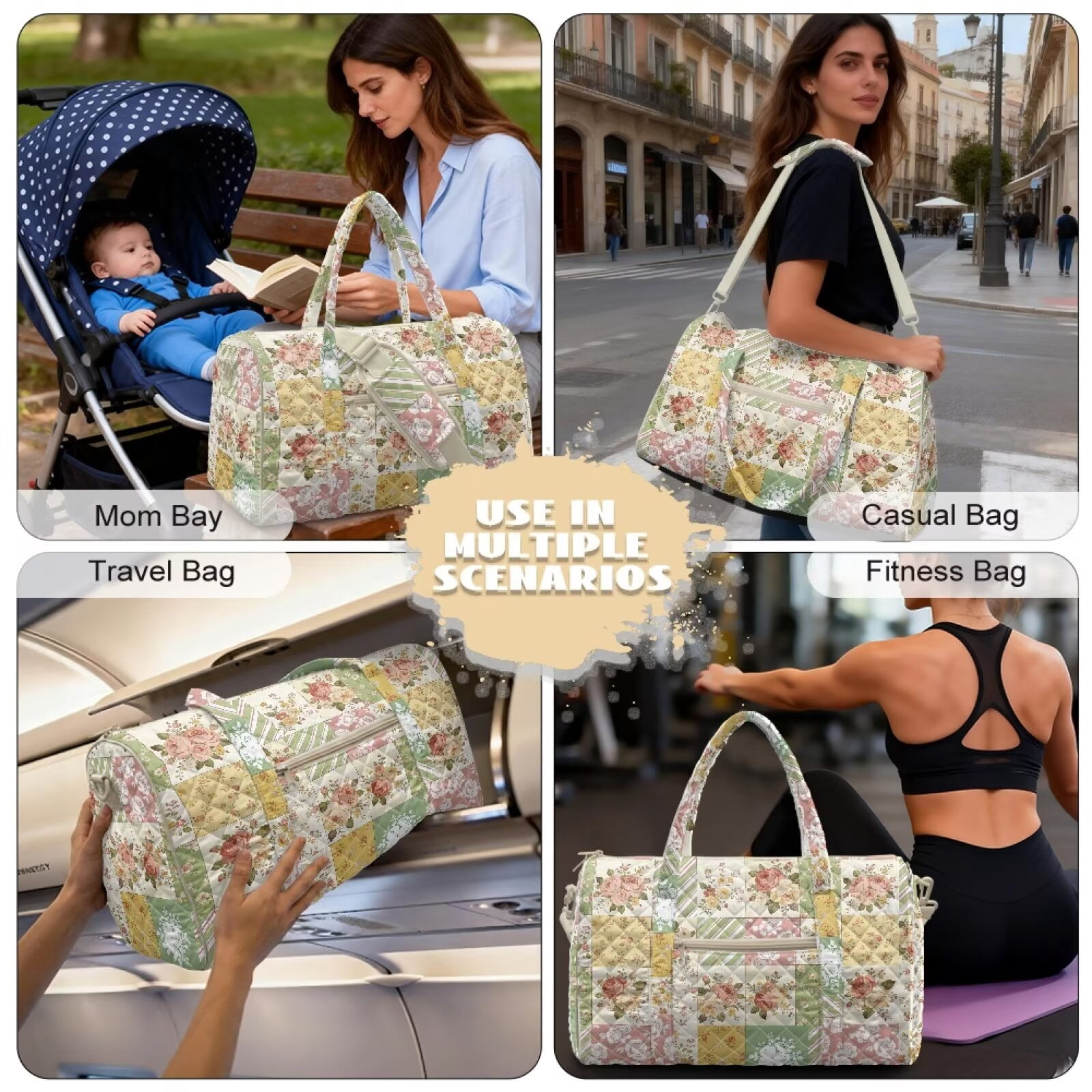 Garronmavis Large Floral Patchwork Quilted Duffle Bag for Women, Weekender Bag Travel Carry On Bag, Cute Overnight Gym Dance Tote with Luggage Sleeve, Zipper Pockets