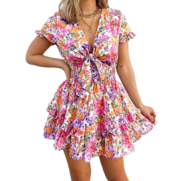 Vestido PRETTYGARDEN 2025 Floral Blanco Cuello en V Manga Corta Talla L
