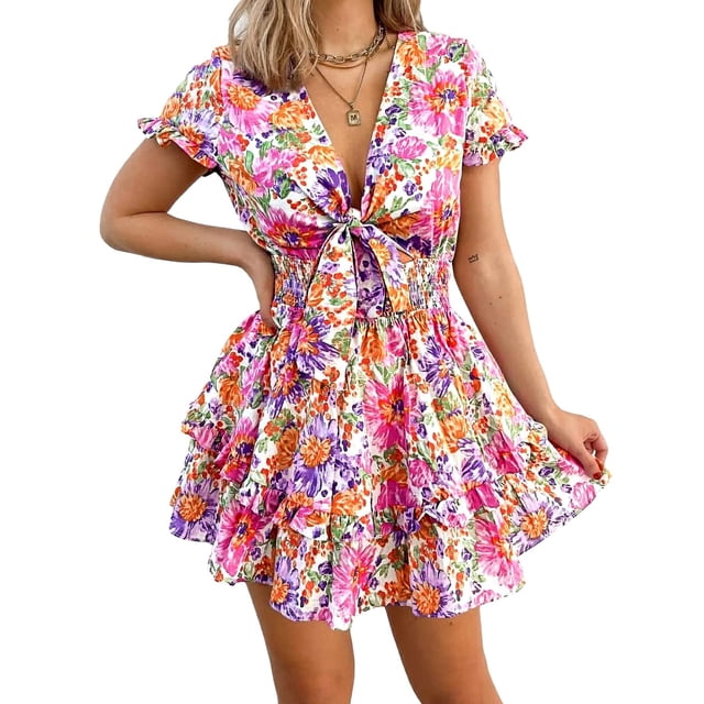 Vestido PRETTYGARDEN 2025 Floral Blanco Cuello en V Manga Corta M