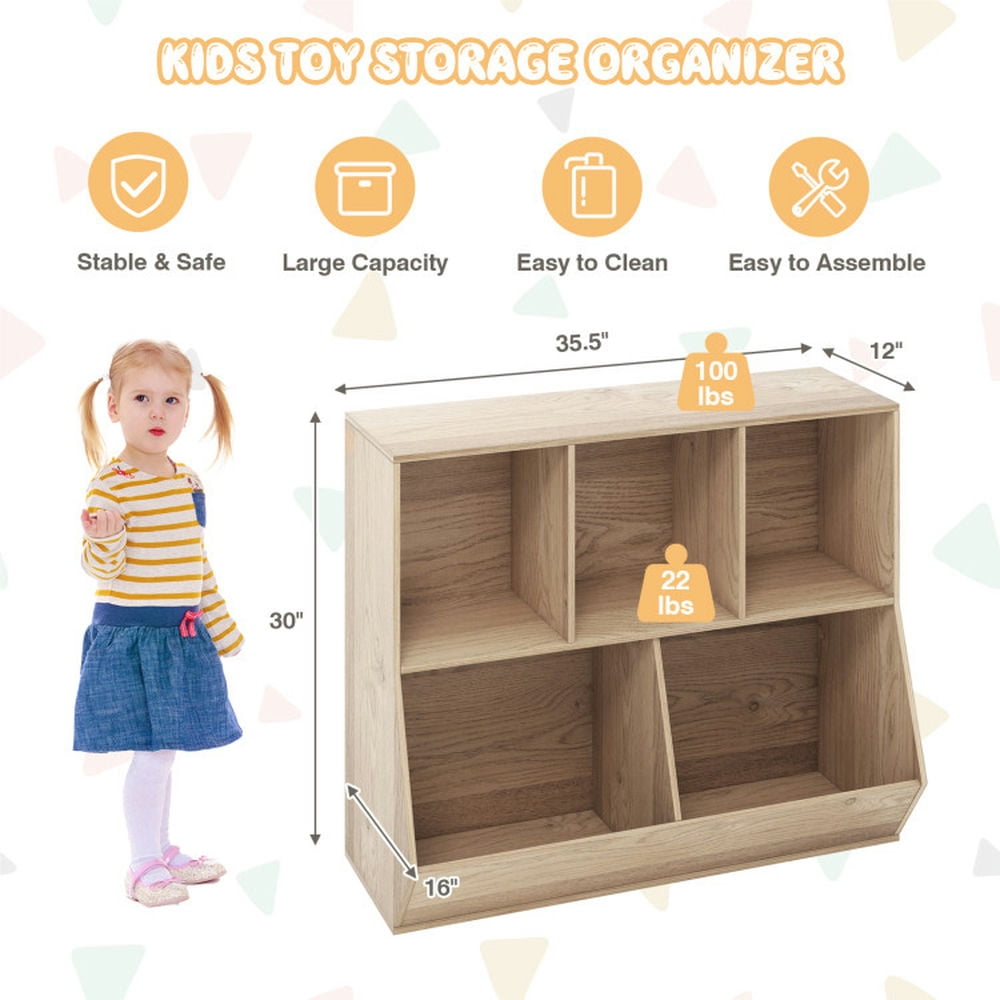 YYAo Kids Book Rack Storage Bookshelf, Toy Storage Organizer Bookshelf,5-Cube Wooden Kids Toy Storage Organizer with Anti-Tipping Kits-Natural