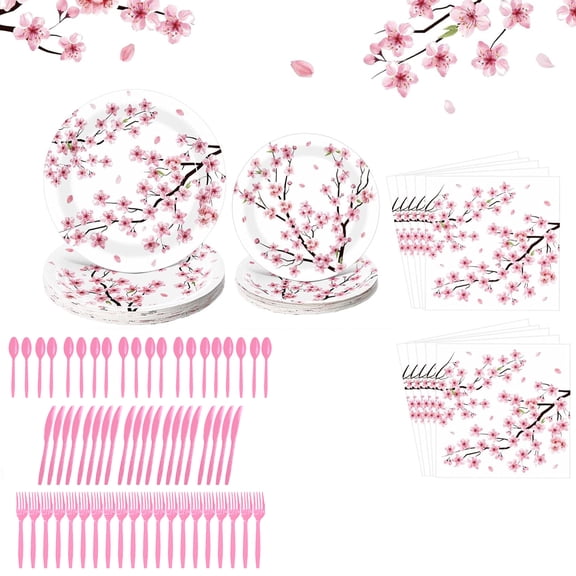Tutuviw 120 PCS Cherry Blossom Party Supplies Watercolor Pink Floral Plates and Napkins Tableware Sets Summer Cherry Blossom Birthday Decorations Favors for Wedding Party Decor