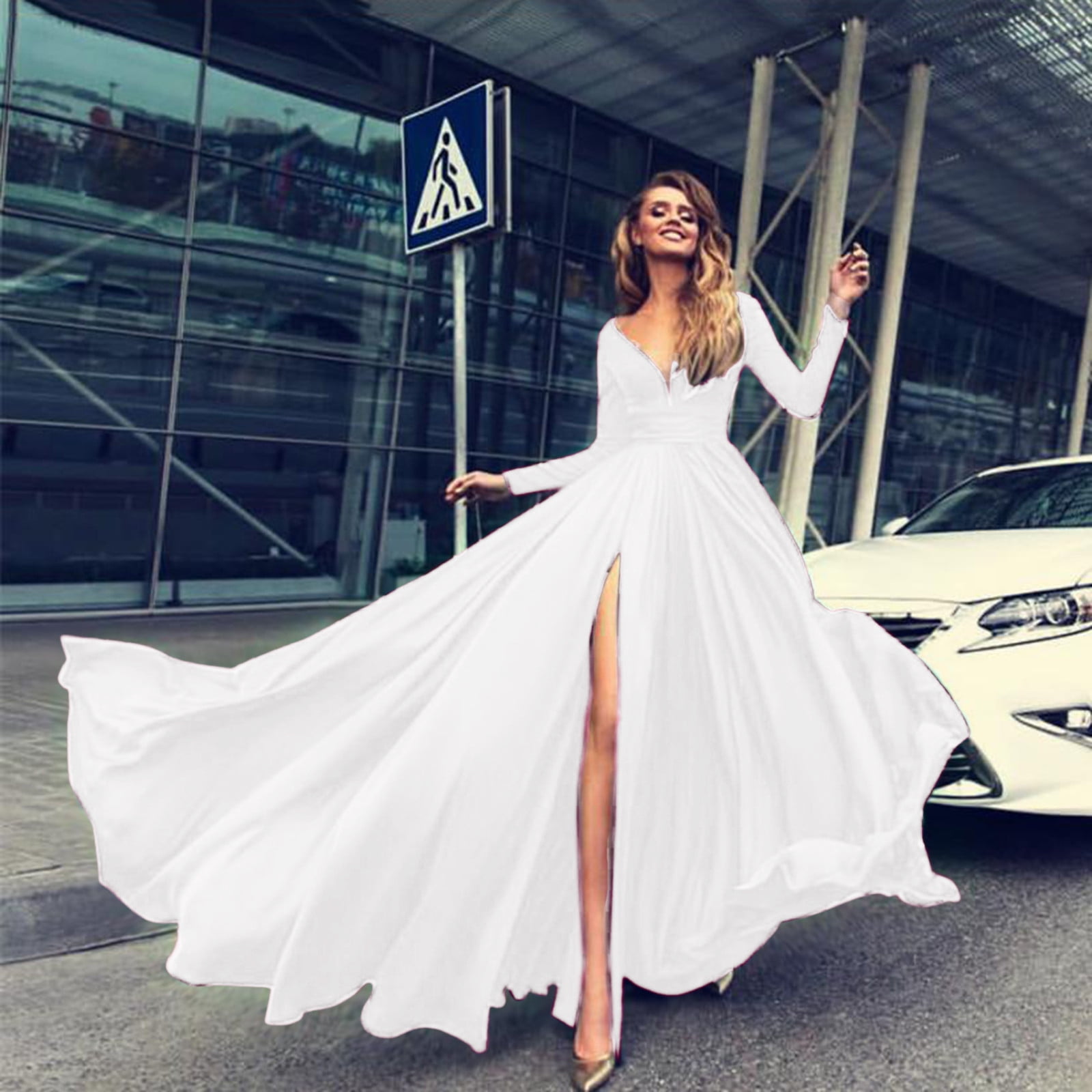 A Line V Neck Open Back White Lace Long Prom Dress, White Lace Formal –  SELINADRESS