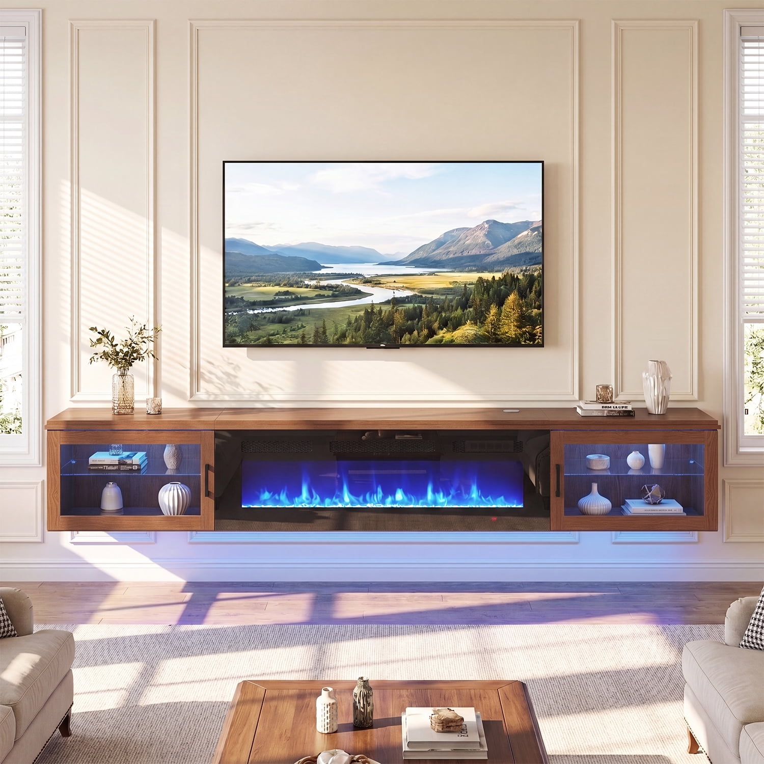 BaPiPro Floating TV Stand with fireplace for TV's up to 80", 70" Wall Mounted Floating Entertainment Center with LED Lights, Modern Fireplace TV Console for Living Room, Brown
