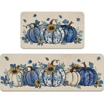 Fall Blue and White Porcelain Pumpkin Kitchen Rugs Set of 2, Autumn Sunflower Kitchen Mats Decor, Thanksgiving Seasonal Floor Door Mat Home Decorations - 17x30 and 17x47 Inch