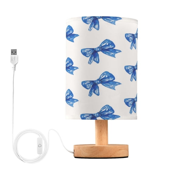 Lamp Printed Gifts Table Lamp USB Bedside Desk Nightstand Lamp Wood Base for Bedroom Living Room Office Desk College Dorm Blue Bows Pattern