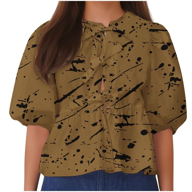 Camisetas de Manga Corta para las Mujeres Lanterna Manga Corbata Plisado Cuello Redondo, Casual Recortado Camiseta Top para Gimnasio Y Diario