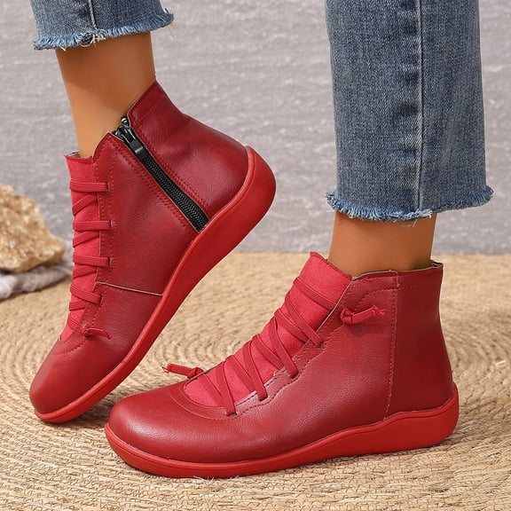 Kopltyrfg Ankle Booties for Women, Booties for Fall Winter 2025,Fashion Lace Up Side Zipper Vintage Retro Short Boots Flat Shoes Comfortable Walking Boots Low Heel Arch Support (Red,42)