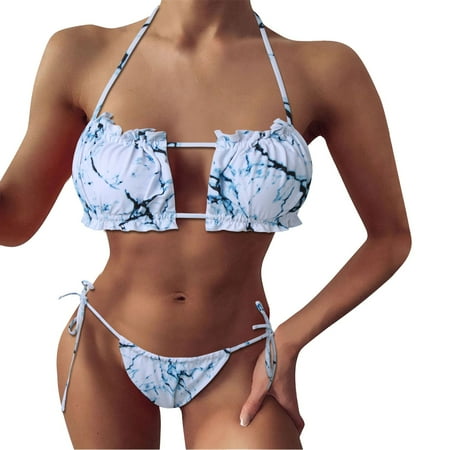 Blphud Bathing Suit for Big Busted Women Women Sexy Triangle Bikini Sets Bikini Swimsuit Women s Sexy Pleated Hollowed out Bikini Bikini Tie Up Swimsuit High Neck Suspender Bikini Top Silver L