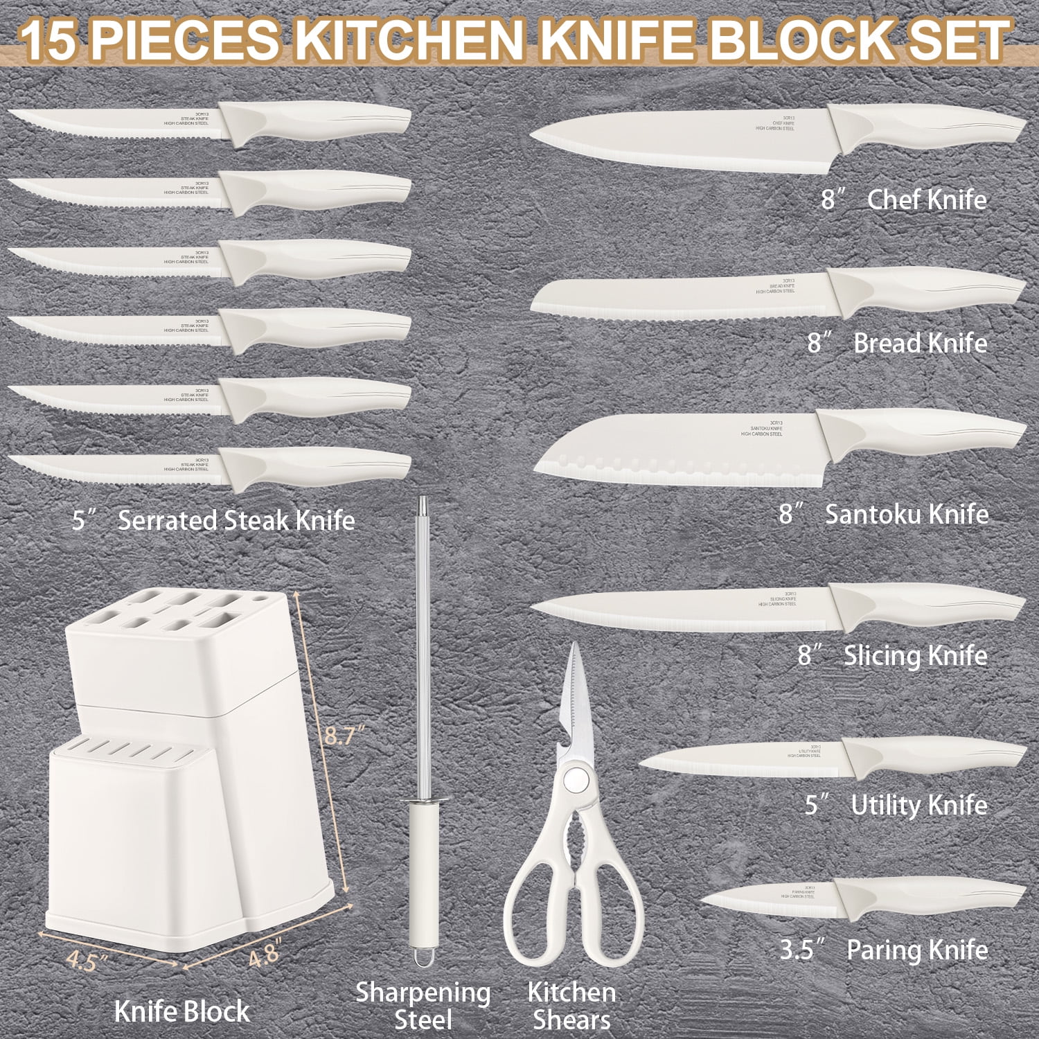 Walchoice 15 Pieces Knife Set with Block, High Carbon Stainless Steel Kitchen Knife Set with Sharpener, Rust Resistant & Dishwasher Safe - White