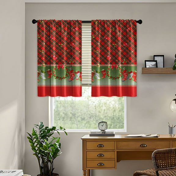 FastXmas Christmas Short Blackout Curtains,2 Pcs Red Plaid Curtain, Thermal Insulated Soundproof Drapes,Garland Print, 31"x 39", Machine‑Washable Curtains,Window Drape for Kitchen Small Window Decor