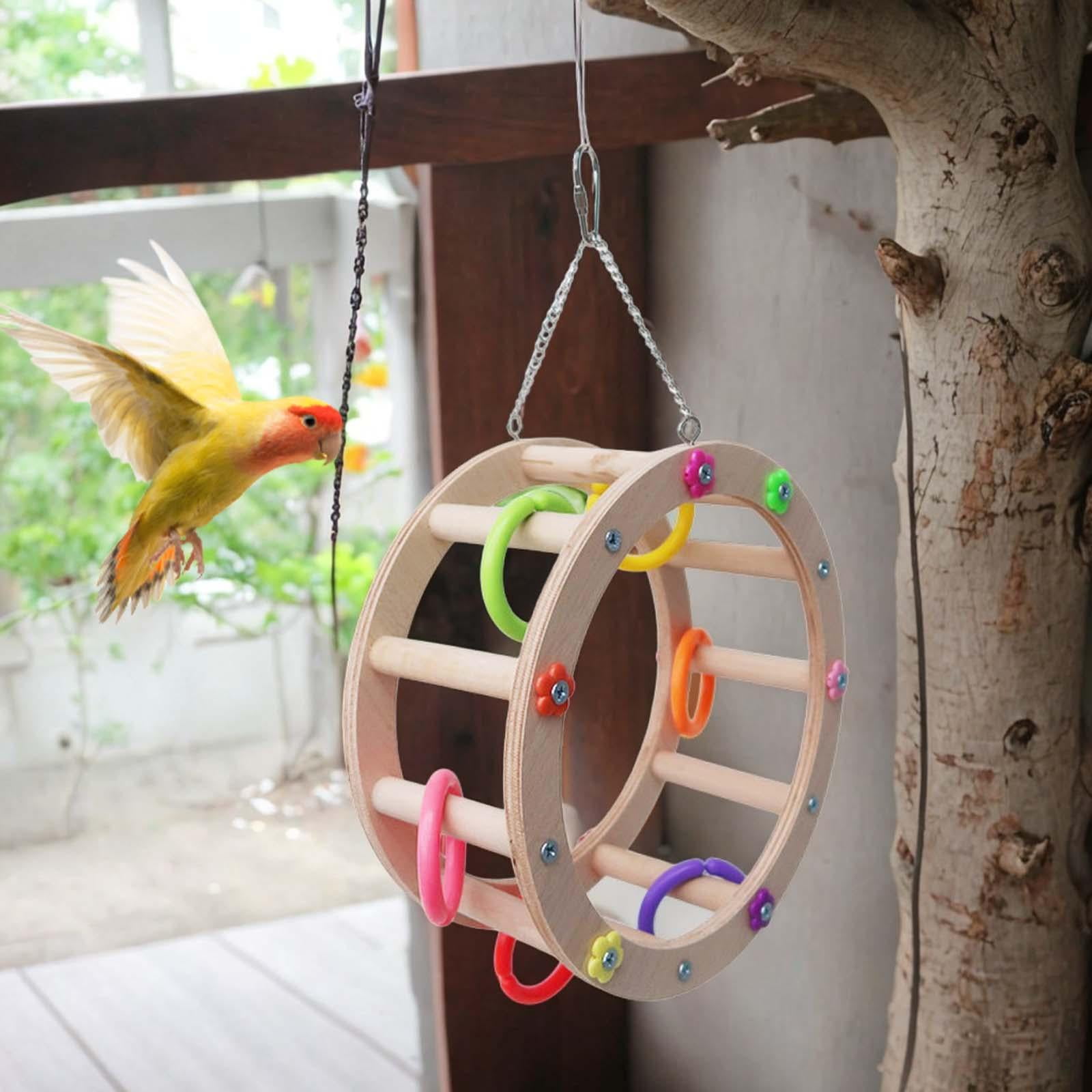 Tooyful Wooden Bird Wheel Toy Macaws Hanging Cockatoos Hanging Toy Bird Perch Stand Toy Nibbling Parakeet with Clorful Rings Parrot Chewing Toys diameter 22cm