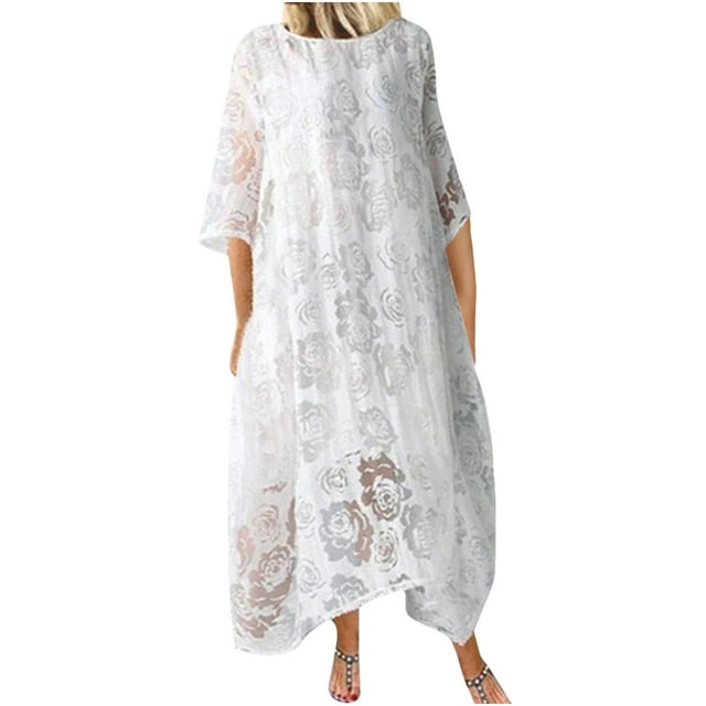 RKSTN Robe d'Été pour Femme Décontractée Unie à Manches Mi-Longues avec Empiècements en Maille, Robe Midi Fluide