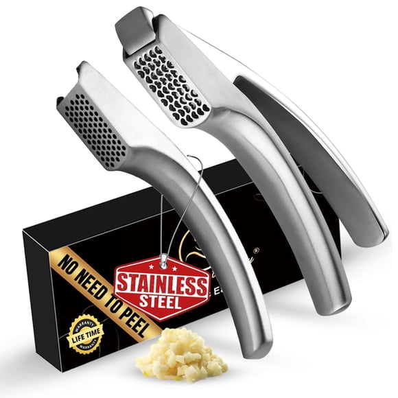 No Peeling Required Garlic Press Stainless Steel with Two Detachable Handles for Coarse&Fine Mincing-Premium Garlic Mincer Tool, Easy to Clean, Dishw