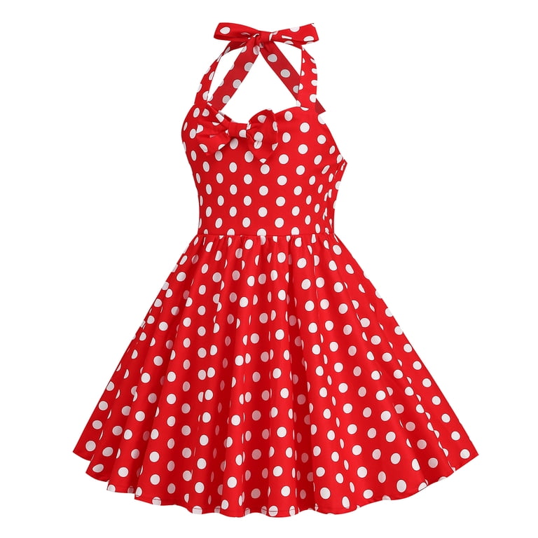 Ibtom Castle Kids Girls 50s Vintage Sleeveless Polka Dot Retro A-line Swing Dress Princess Birthday Party Dresses 7-8 Years Red - White Dots, Girl's