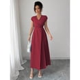 thumbnail image 3 of Burgundy Womens V-Neck Ruched Waist Pleated Maxi Dress With Drop Shoulder Sleeve, 3 of 6