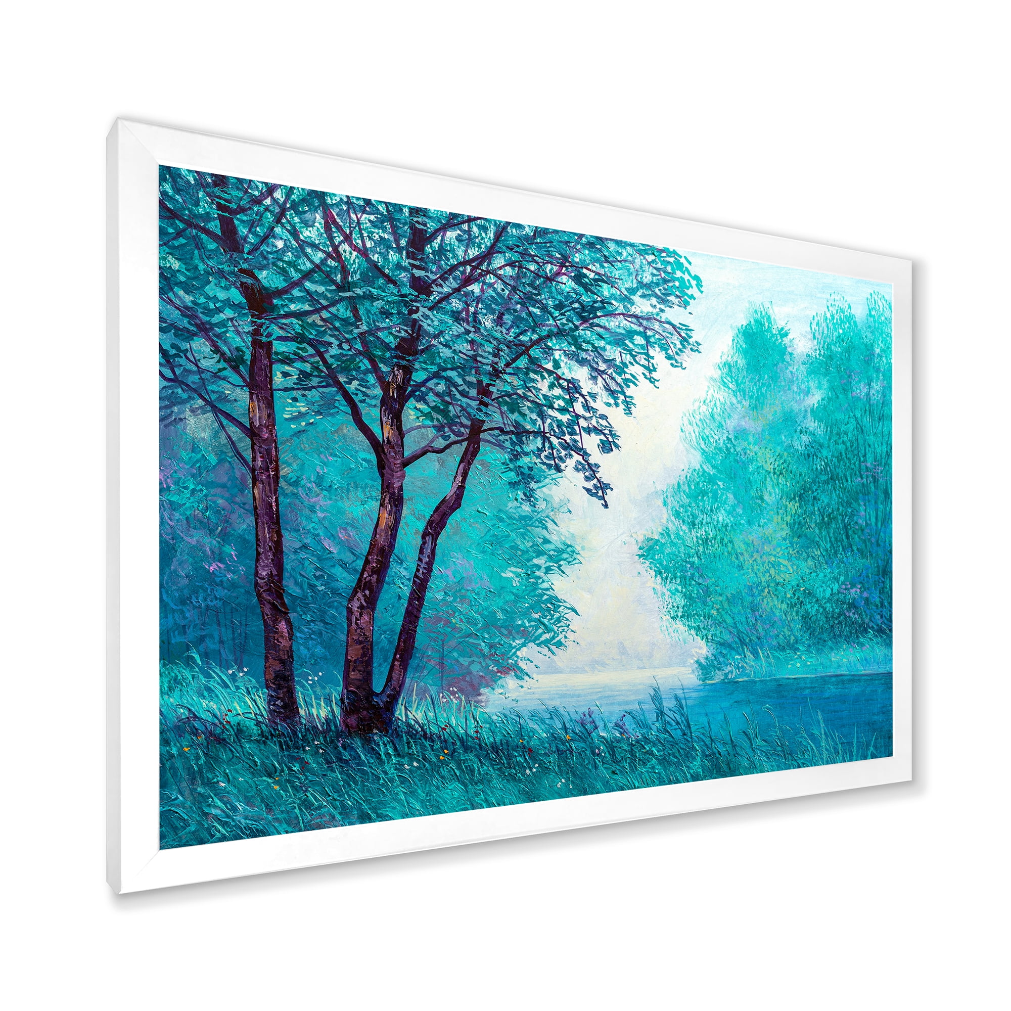 Designart 'Blue Coloured Tree Impression By Riverside' Lake House Framed Art Print