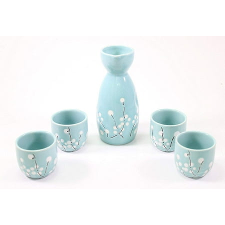 Porto Decanter Set Smiling Juju Blue Winter Flower Japanese flower Porcelain Sake Set with 4 Cups 1 Decanter / Bottle / Carafe ()