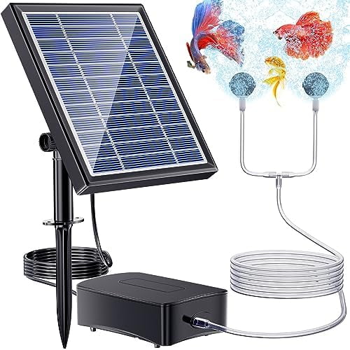 Aquarium Air Pump Oxygenator, 3W Solar Air Pump with 2 Air Bubble Stones, Solar Pond Aerator up to 120 Gallons 3 Mode&No Noise Solar Aerator for Pond Stock Tank Fishing Hydroponics
