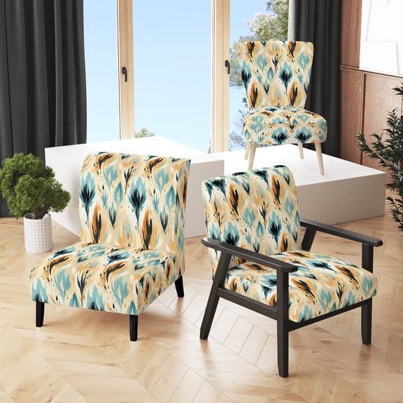 Designart "Serene Natural Ikat In Yellow And Blue" Yellow Ikat Upholstered Accent Chair - Victorian Arm Chair For Living Room